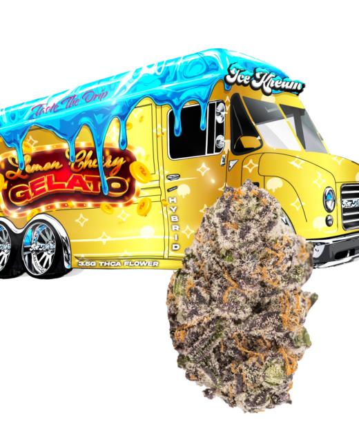 Jokes Up Lemon Cherry Gelato THCA flower packaging Ice Kream truck design with dense purple green nugs