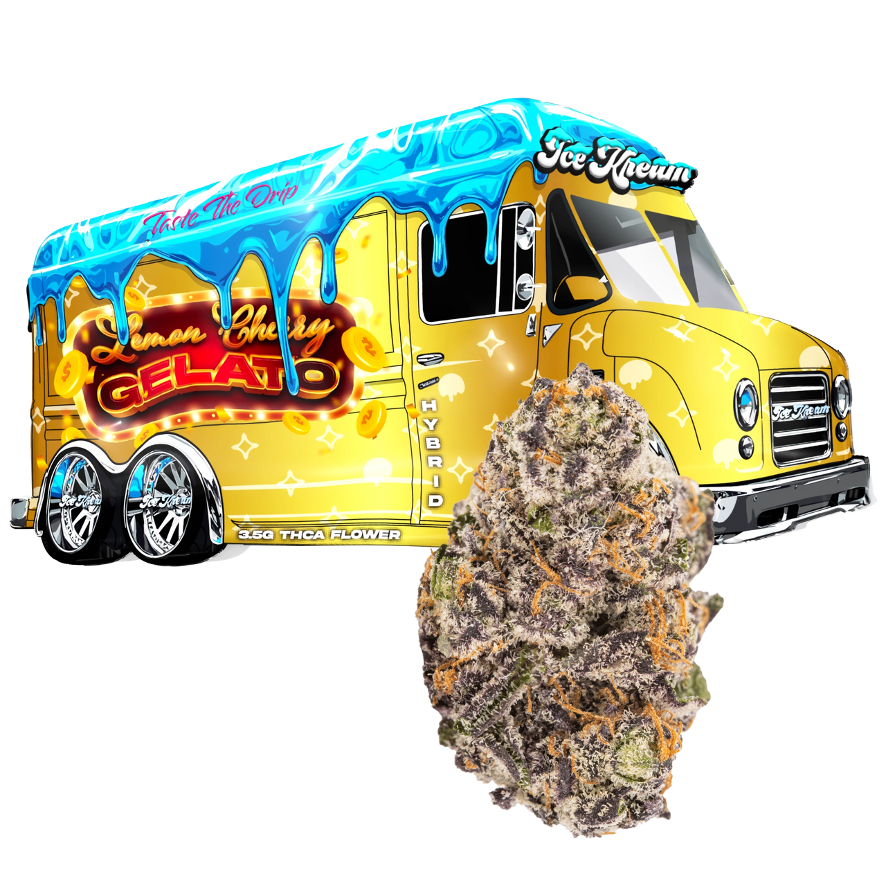 Jokes Up Lemon Cherry Gelato THCA flower packaging Ice Kream truck design with dense purple green nugs