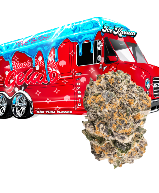 Jokes Up Black Cherry Gelato THCA hybrid flower buds with Ice Kream branded truck design showing dense trichome covered nugs