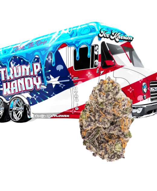 Trump Kandy Ice Kream THCA flower packaging with dense trichome-covered hybrid buds and Ice Kream truck design