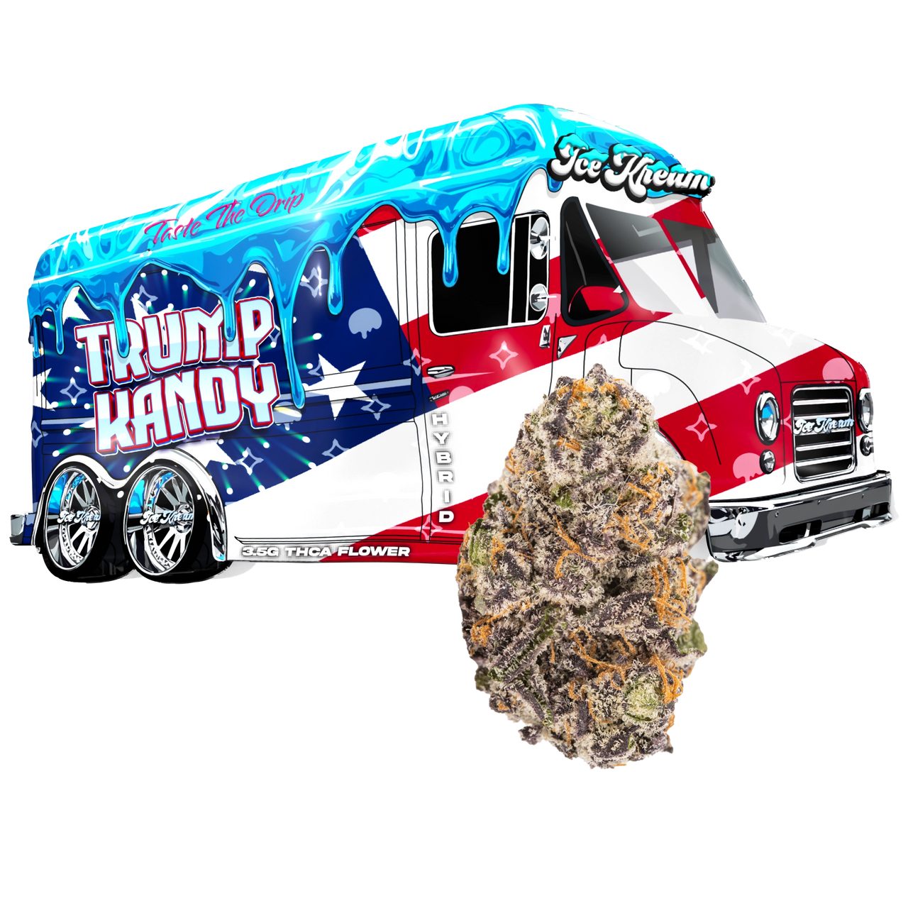 Trump Kandy Ice Kream THCA flower packaging with dense trichome-covered hybrid buds and Ice Kream truck design
