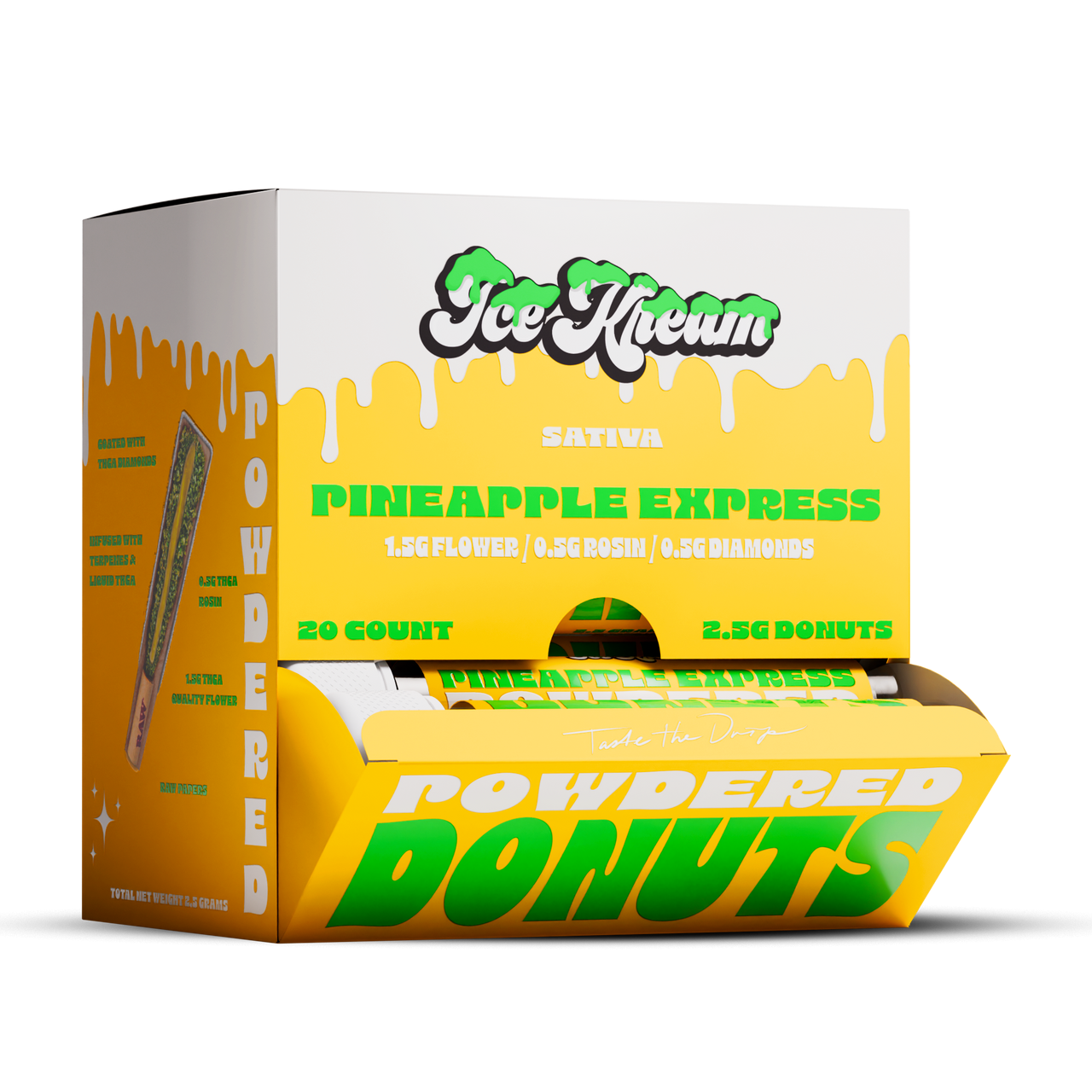PINEAPPLE by JOKES UP Ice Kream Powdered Donuts display box with 20 count 2.5g donuts Pineapple Express sativa