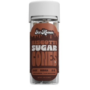 Biscotti Sugar Cones Ice Kream jar with white lid and brown label showing 5ct indica 2g cones