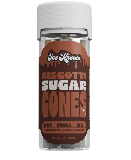 Biscotti Sugar Cones Ice Kream jar with white lid and brown label showing 5ct indica 2g cones