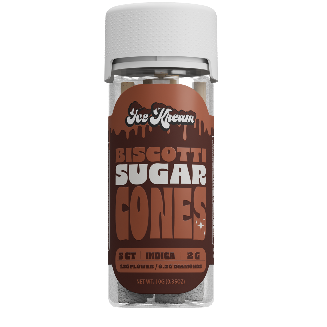 Biscotti Sugar Cones Ice Kream jar with white lid and brown label showing 5ct indica 2g cones