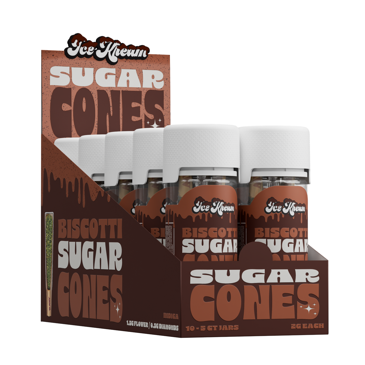 Biscotti Sugar Cones Ice Kream display box holding multiple jars of 5ct indica pre-rolls