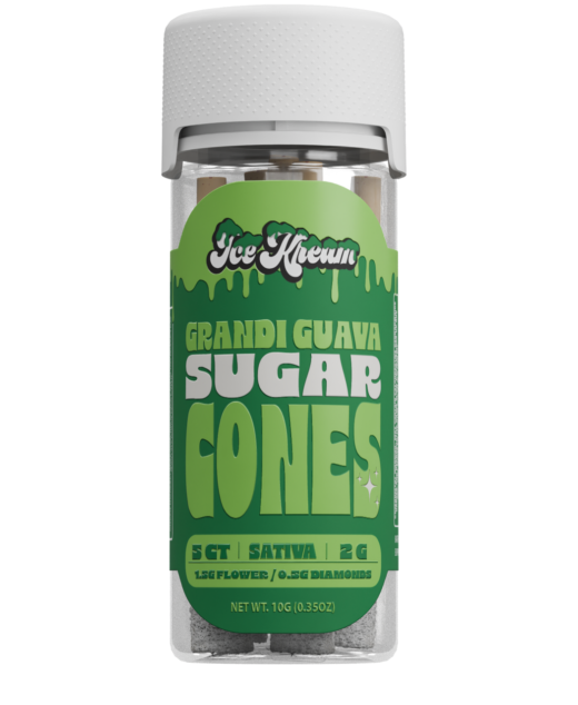 GRANDI GUAVA SUGAR CONES by Jokes Up Ice Kream 5ct jar showing white lid and green label with 2g sativa cones