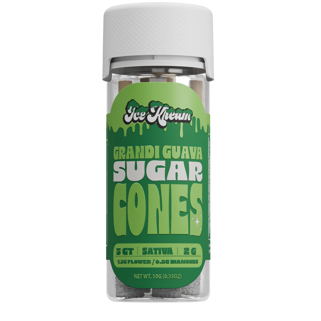 GRANDI GUAVA SUGAR CONES by Jokes Up Ice Kream 5ct jar showing white lid and green label with 2g sativa cones