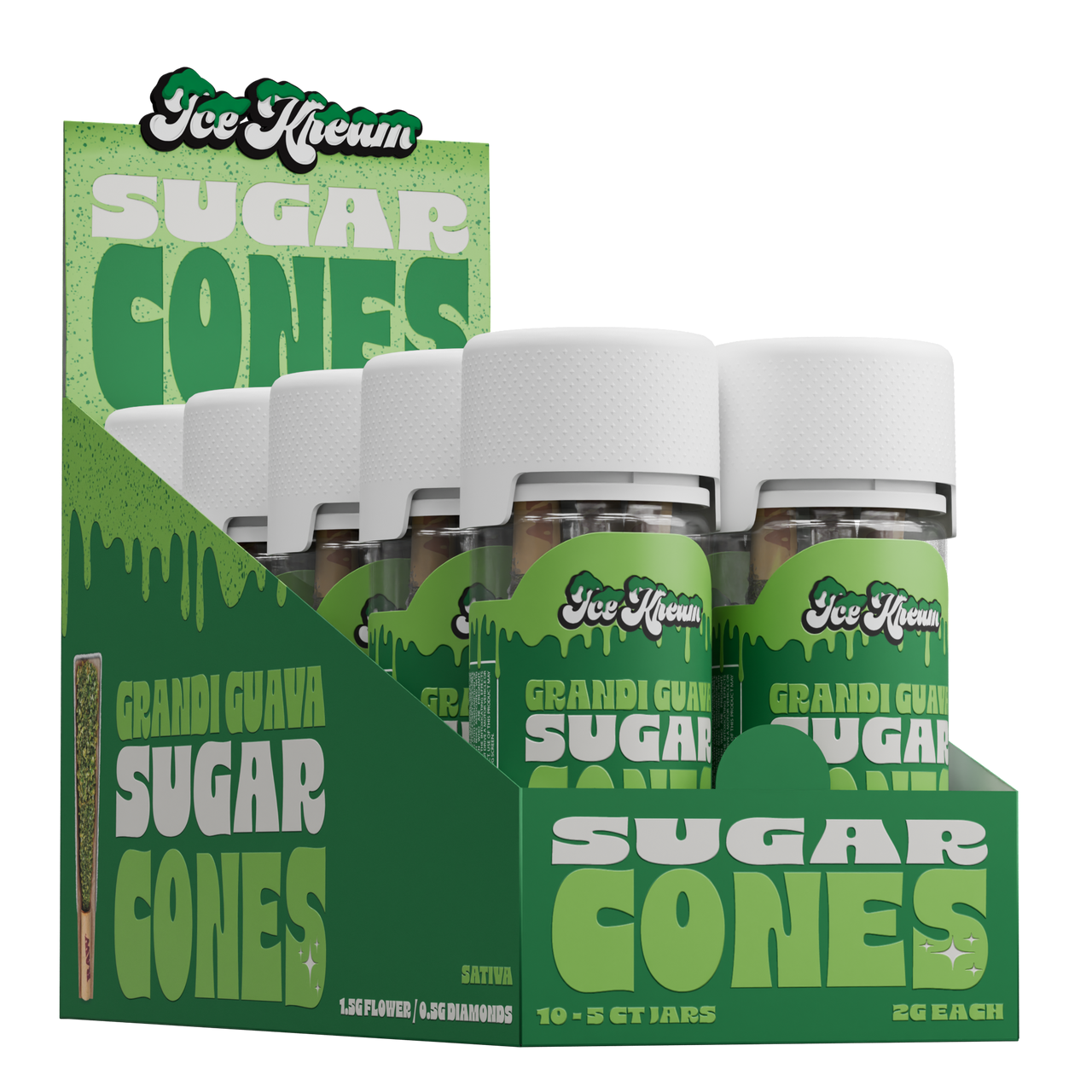 GRANDI GUAVA SUGAR CONES Ice Kream display box holding ten 5ct jars of sativa sugar cones