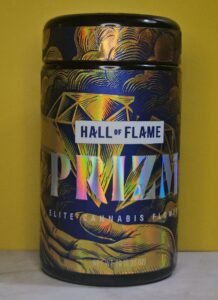 PRIZM by HALL OF FLAME elite cannabis flower 7g holographic jar on yellow background