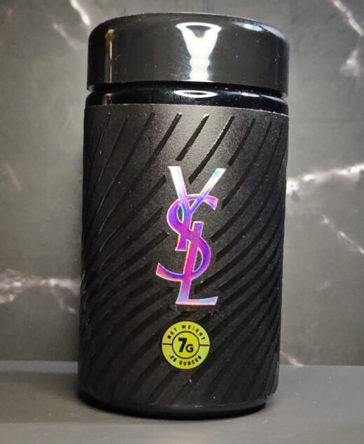 YSL by HALL OF FLAME premium cannabis jar black holographic logo 7G net weight