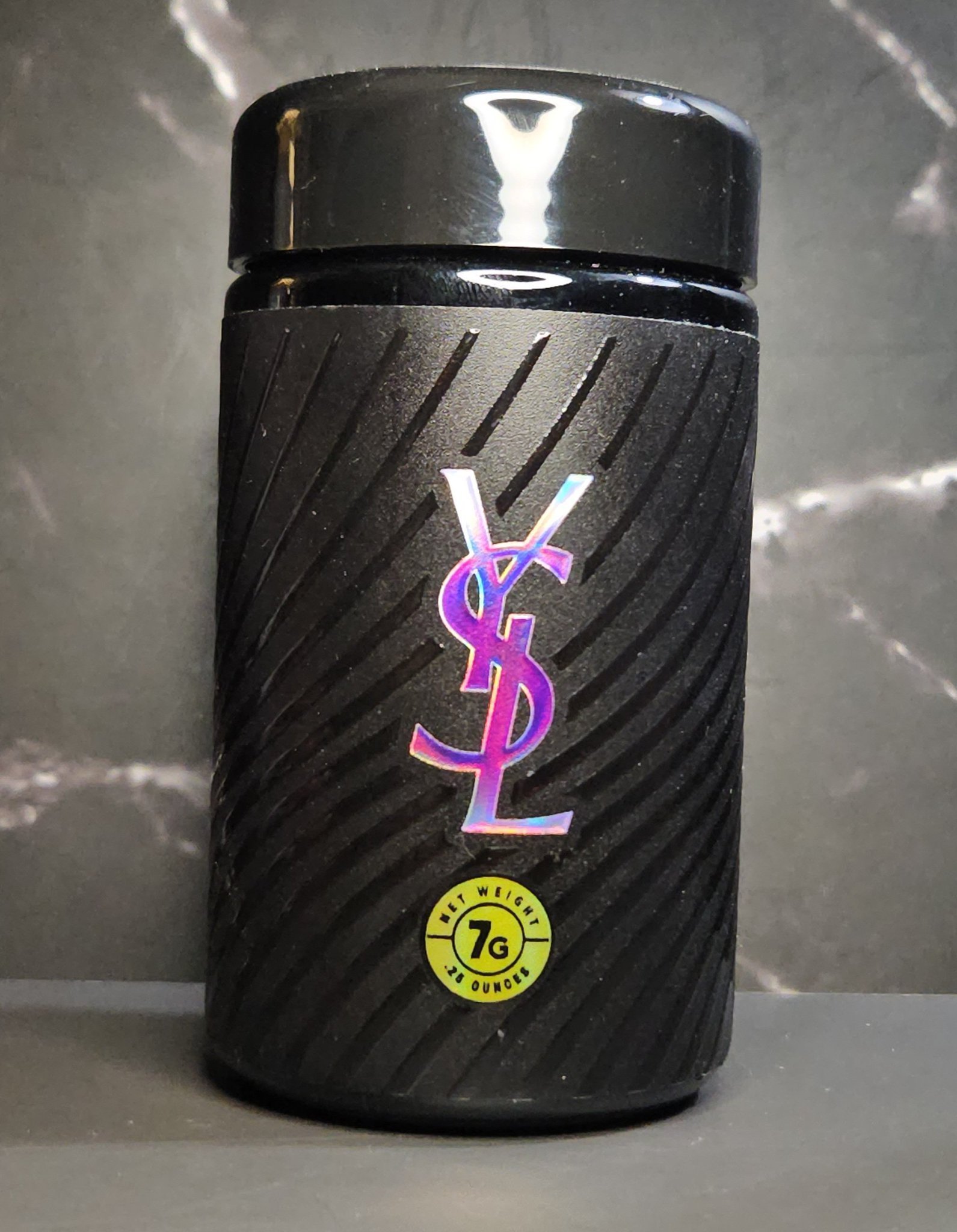 YSL by HALL OF FLAME premium cannabis jar black holographic logo 7G net weight