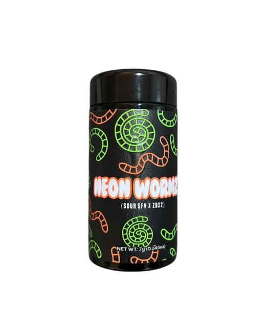 NEON WORMZ By DOJA 7g jar front label with neon worm graphics and Sour SFV x ZBX2