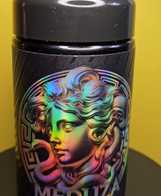 MEDUZA by HALL OF FLAME black jar holographic Medusa head Hall of Flame cannabis