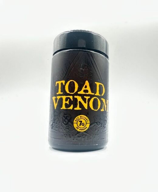 TOAD VENOM by HALL OF FLAME black jar with yellow lettering and all-seeing eye frog design