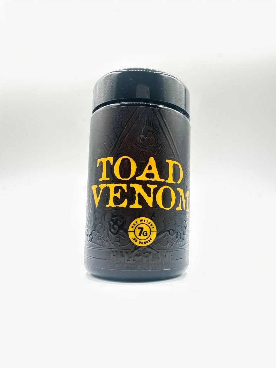 TOAD VENOM by HALL OF FLAME black jar with yellow lettering and all-seeing eye frog design