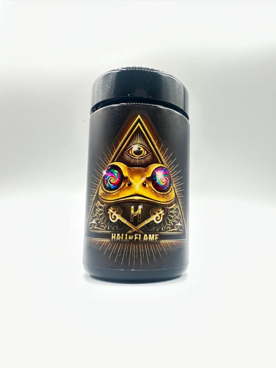 Hall of Flame branded jar featuring golden frog with swirling eyes and Hall of Flame text