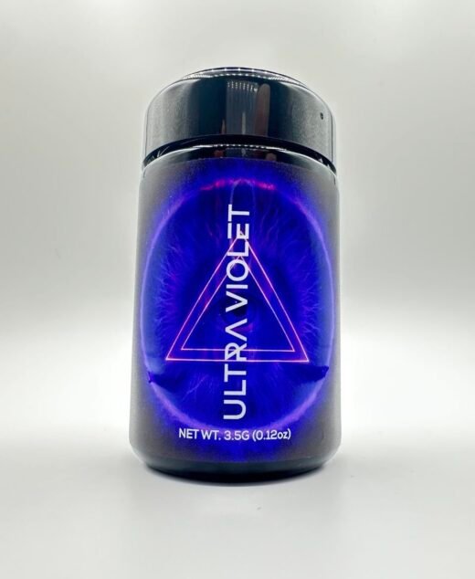 ULTRAVIOLET By DOJA 3.5g jar front label with purple eye triangle logo and net weight