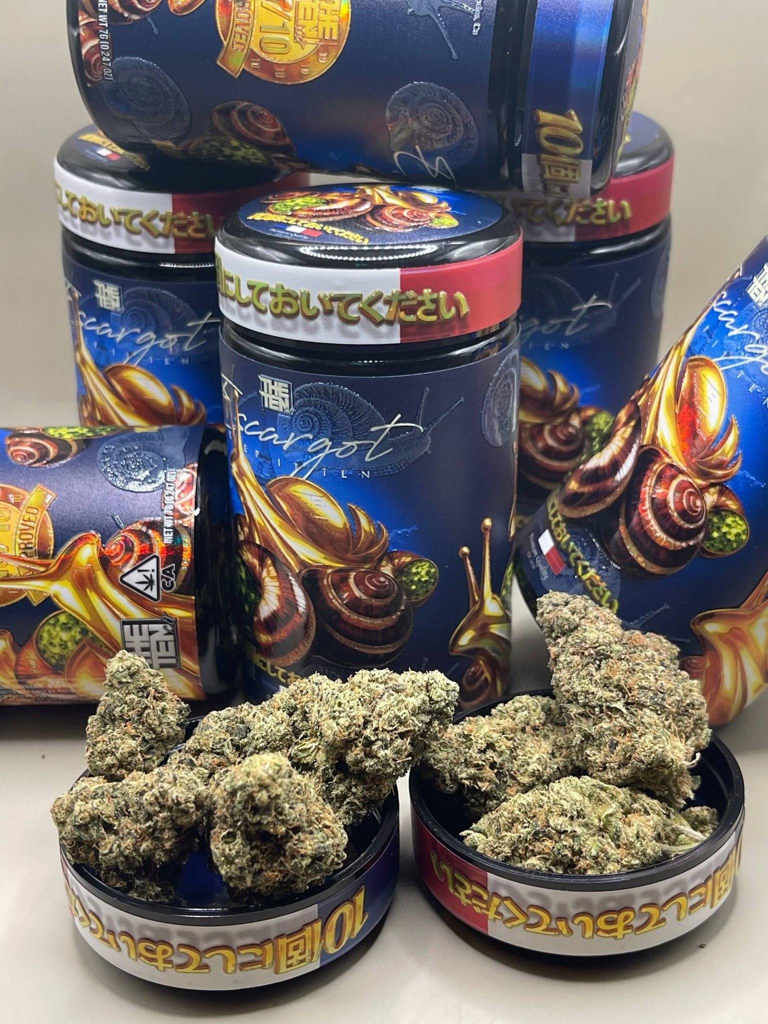 ESCARGOT By THE TENCO jars with dense frosty cannabis flower buds displayed