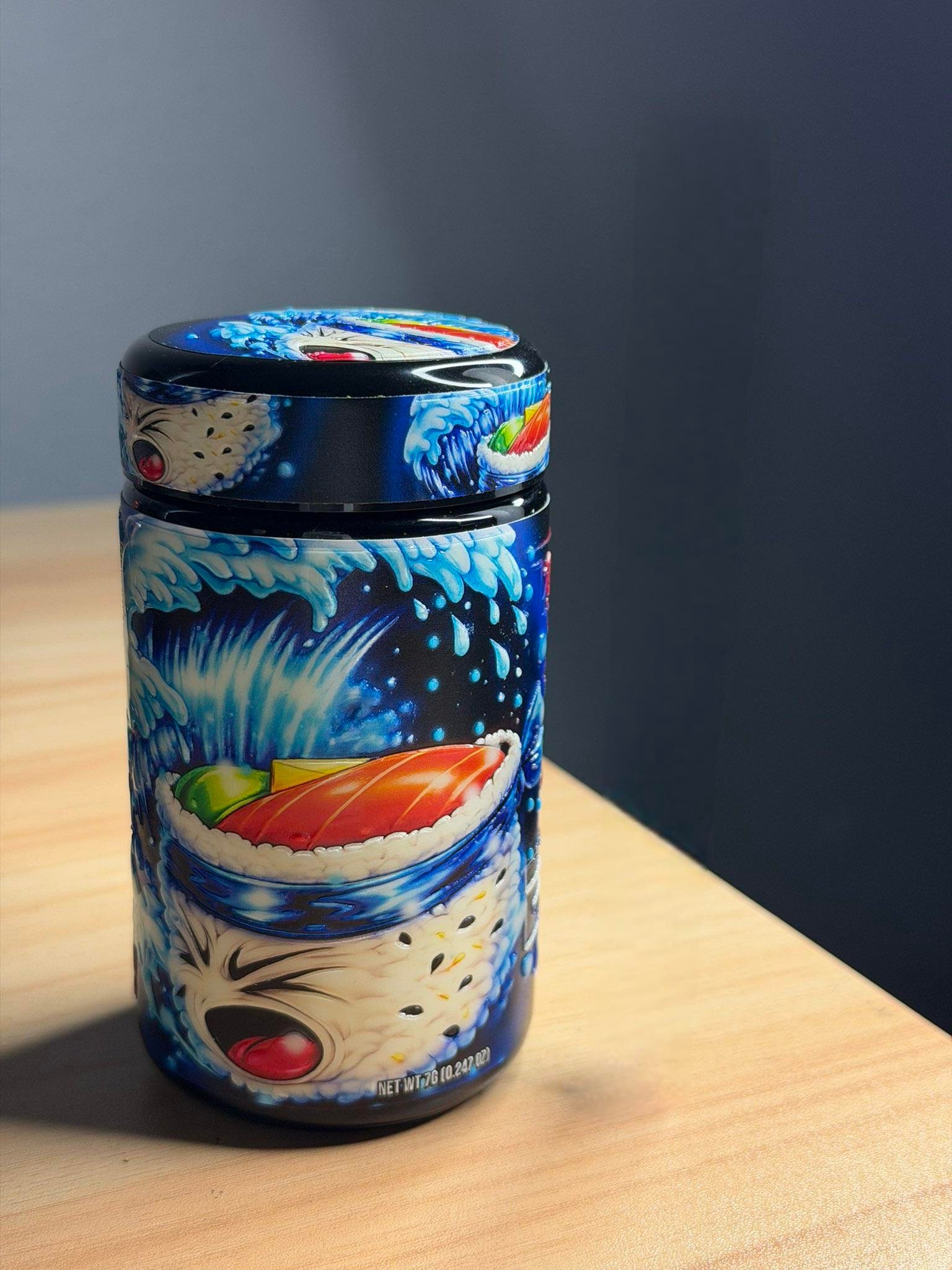 BLUE ZUSHI By TENCO jar side view with Japanese text, sushi characters and Los Angeles branding