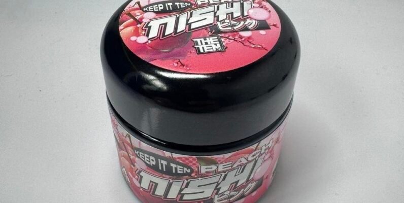 PEACH NISHI By TENCO sealed jar front view – premium THE TENCO hybrid flower with peach candy label
