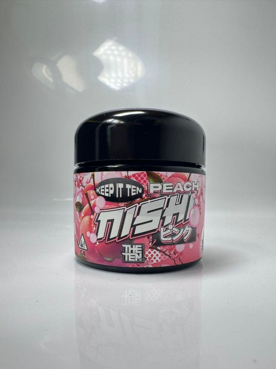 PEACH NISHI By TENCO full jar label close-up – KEEP IT TEN branding and Japanese Nishi artwork