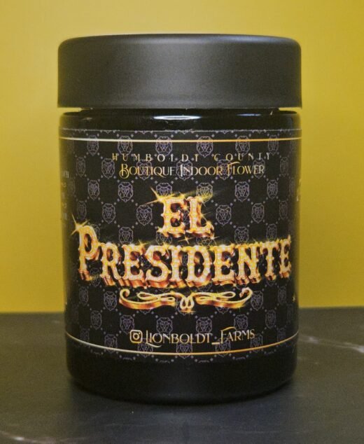 EL PRESIDENTE by LIONBOLDT FARMS black jar gold lettering Humboldt County boutique indoor flower