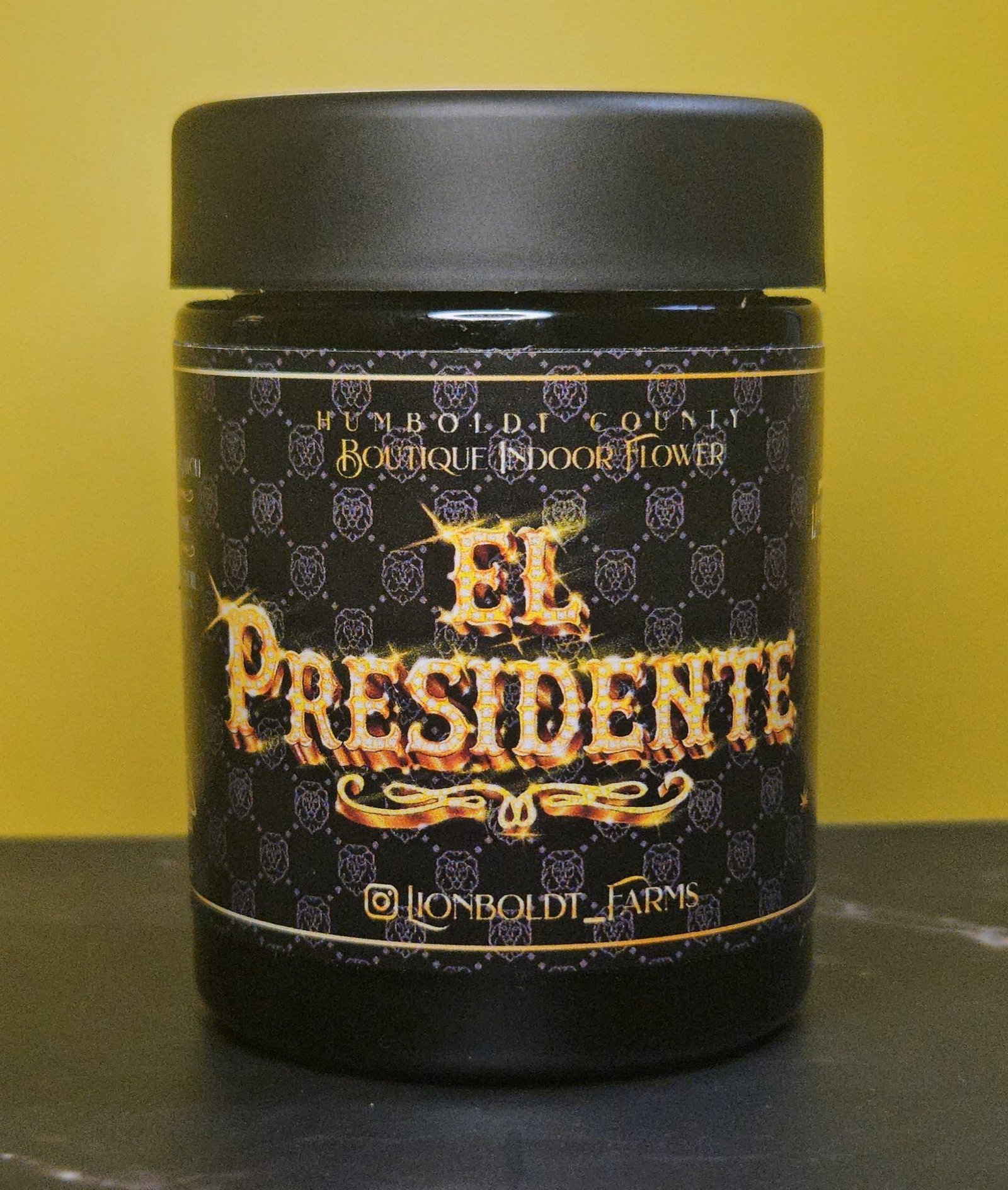 EL PRESIDENTE by LIONBOLDT FARMS black jar gold lettering Humboldt County boutique indoor flower