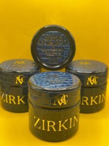 ZIRKIN by MAISON O CACAPO luxury designer jars stacked showing snakeskin blue packaging and Herbe De Luxe branding
