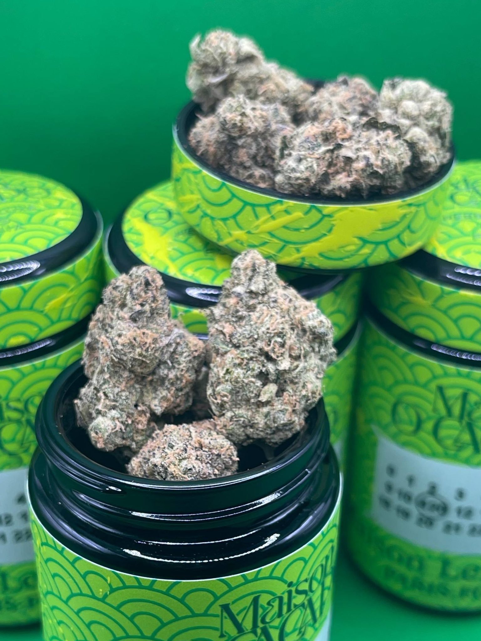 Close-up of LEMON GIELA by MAISON O CACAPO premium cannabis flower trichomes in open jar showing dense frosty buds